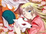  amaterasu androgynous blonde_hair blue_eyes facial_mark flower forehead_mark issun japanese_clothes long_hair multiple_boys one_eye_closed ookami_(game) uraka ushiwakamaru white_wolf 