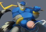  anthro balls big_balls bottomless clothed clothing cock_pointing_towards_viewer cum cumshot donryu erection fur gloves grasp half-closed_eyes half-dressed happy hat headgear hi_res looking_down male mammal masturbation orgasm overweight penis raccoon raised_arm shirt sly_cooper sly_cooper_(series) smile solo standing teeth video_games 
