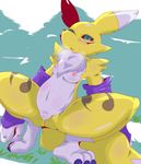  blue_eyes blush breasts chest_tuft claws crouching digimon facial_markings female fur gloves looking_at_viewer markings navel nipples open_mouth pussy pussy_juice renamon sitting spread_legs spreading tuft yuuo 