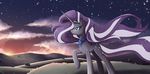  blue_eyes cloud cutie_mark equine eyeshadow female friendship_is_magic grass hair horn horse jinzhan makeup mammal my_little_pony necklace nightmare_rarity_(mlp) outside pony purple_hair rock sky solo sparkles standing stars sunset two_tone_hair unicorn white_hair 