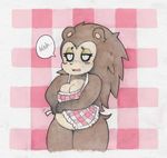  anthro breasts chubby cleavage clothed clothing dialog female hedgehog mammal nintendo rodent sable_able simple_background slit_eyes smutbunny solo text thick_thighs video_games 