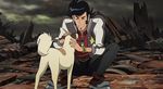  1boy animated animated_gif black_hair boots dandy_(space_dandy) dog eyes_closed happy lowres petting pup_(space_dandy) smile space_dandy squatting tail tail_wagging 
