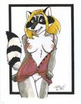  absurd_res anthro bottomless breasts buttons clothing female hi_res looking_at_viewer mammal nipples nude open_shirt pinup plain_background pose pussy raccoon shirt solo terrie_smith traditional_media undressing white_background 