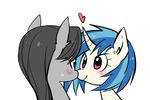  black_hair blush cute equine eye_contact female friendship_is_magic fur grey_fur hair horn horse mammal megarexetera my_little_pony octavia_(mlp) plain_background pony purple_eyes red_eyes two_tone_hair unicorn vinyl_scratch_(mlp) white_background white_fur 