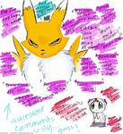  annoyed calumon canine comments dialog digimon fox mammal narrow_eyes renamon text 