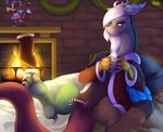  antler bed candy_cane crossgender cup discord_(mlp) draconequus fangs female fire friendship_is_magic fur hair horn jerinov long_hair mug my_little_pony pussy red_eyes socks solo white_hair wings 