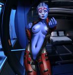  anthro aquarium asari blue_skin breasts female jumpsuit justicar looking_at_viewer mass_effect nude pussy samara solo 