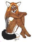  absurd_res anthro blonde_hair breasts butt canine female hair hi_res jackal looking_at_viewer mammal nude pinup pose side-striped_jackal side_boob sitting solo terrie_smith traditional_media 
