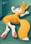  3_toes areola bed big_breasts big_butt breasts butt canine chest_tuft claws curvaceous digimon digitigrade female fox freckles_(artist) fur hindpaw huge_breasts lying mammal mane nipples nude on_side pawpads paws renamon soles solo toe_claws toes tuft voluptuous white_fur wide_hips yellow_fur 