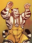  abs anthro biceps big_muscles bulge collaboration feline fur kagnar male mammal muscles pecs solo spandex stripes taoren tiger white_tiger wrestler yutari 