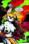  big_breasts blonde_hair breasts clothing dialog drake_fenwick english_text erect_nipples female hair lagomorph mammal mask nipples rabbit superhero supermegatopia text topless_lass torn_clothing 