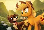  apple applejack_(mlp) blonde_hair brown_eyes canine caprine collar cowboy_hat dog duo equine female field freckles friendship_is_magic fruit grass green_eyes hair hat horse mammal mountain my_little_pony outside pony sheep sky sophiecabra tess_garman tongue tongue_out tree winona_(mlp) 