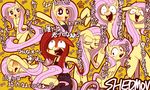  anthrofied blood blush chainsaw clothing english_text equine eyes_closed female fluttershy_(mlp) friendship_is_magic fur hair half-closed_eyes japanese_text mammal my_little_pony open_mouth pegasus pink_hair pony.mov text tongue umeguru wings yellow_fur 