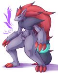  ambiguous_gender black_hair blue_eyes claws day-t hair hair_ring long_hair multi-colored_hair nintendo number plain_background pok&#233;mon pok&eacute;mon red_hair shadow solo standing text toe_claws video_games white_background zoroark 