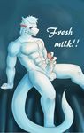  anthro balls biceps blue_eyes blush claws dragon english_text erection grin hair holding_penis humanoid_penis kerestan looking_at_viewer male masturbation muscles nude pecs penis pose reptile scales scalie sitting smile solo text toned white_hair white_skin 