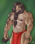  abs amber_eyes anthro biceps big_muscles black_hair braided_hair brown_fur feline fur hair icewolf lion loincloth male mammal mane muscles nipple_piercing nipples pecs piercing pose solo standing tan_fur tattoo topless 