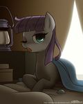  awake blanket blue_eyes boulder_(mlp) clothed clothing equine eyeshadow female feral friendship_is_magic hair horse john_joseco lantern looking_at_viewer lying makeup mammal maud_pie_(mlp) my_little_pony one_eye_closed open_mouth pony purple_hair rock solo 
