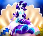  anthro anthrofied blue_eyes blumagpie bra breasts bubble cleavage clothed clothing coral coral_reef cutie_mark elbow_gloves equine eyeshadow female friendship_is_magic gloves glowing hair hi_res horse looking_at_viewer magic makeup mammal mermaid my_little_pony oyster pearl pony purple_hair rarity_(mlp) shell sitting solo sparkles underwater underwear water 
