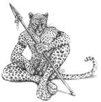  anthro balls blotch feather feline hand_on_leg hindpaw jaguar looking_at_viewer male mammal monochrome nude paws plain_background polearm sheath sitting solo spear spots spread_legs spreading weapon whiskers white_background 