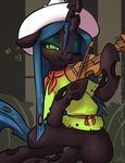  &lt;3 atryl blush bow changeling clothed clothing cute equine eyelashes fangs female feral fiddle friendship_is_magic glowing hair half-closed_eyes happy hat headgear hi_res horn horse instrument long_hair looking_at_viewer mammal musical_instrument my_little_pony one_eye_closed queen_chrysalis_(mlp) sharp_teeth shirt smile solo squint teeth unicorn violin violin_bow 