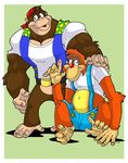  backwards_baseball_cap blue_eyes brown_eyes chunky_kong clothed clothing donkey_kong_(series) donkey_kong_country duo fur gorilla lanky_kong looking_at_viewer male mammal mutant-serpentina nintendo orangutan overalls primate shirt shorts smile suspenders video_games 