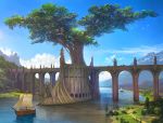  arch artist_name bird blue_sky bridge building cart castle cloud cloudy_sky commentary_request day fantasy flock giant_tree highres horse k-takano lake medieval mountain original outdoors path reflection road sail scenery ship signature sky statue tree water watercraft 