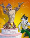  abs biceps bulge cake canine clothing cooner dog food fur gay grin happy_birthday husky male mammal muscles mustelid open_mouth otter pants pecs shirt smile speedo standing swimsuit teguso toned tongue topless 