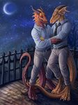  4_toes acroth anthro balcony belt clothing couple ddraglais dragon duo eye_contact gay horn love male moon necktie night pants red_dragon red_eyes romantic rukis scalie shirt stars western_dragon whiskers yellow_dragon yellow_eyes 