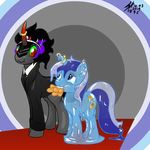  black_hair blue_eyes clothing colgate_(mlp) crying cutie_mark duo ear_piercing equine female feral food friendship_is_magic fur glowing goo grey_fur hair horn horse king_sombra_(mlp) male mammal my_little_pony piercing pony ring shinekolt standing straight tears teats unicorn 