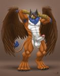  abs anthro armpit_hair armpits arms_behind_head avian balls beak biceps big_feet black_pawpads blue_body blue_hair brown_background brown_body brown_feathers brown_fur claws erection feathers flexing fur furrybob grin gryphon hair hand_on_head hands_behind_head happy humanoid_penis hybrid kougatalbain looking_at_viewer male mammal muscles nipples nude pawpads paws pecs penis plain_background pose presenting pubes raised_arm red_eyes shadow sharp_claws sheath smile solo standing talons toe_claws toned white_body white_fur white_hair white_penis wings 