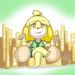  bags canine dog female fupoo gold grin isabelle_(animal_crossing) looking_at_viewer mammal money nintendo sitting solo video_games 
