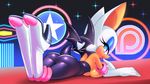  bat breast_squish breasts butt clothing female high_heels looking_at_viewer looking_back mammal on_stomach pinup pose rouge_the_bat sega sif solo sonic_(series) tight_clothing tongue tongue_out topless wings 