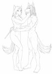  anthro black_and_white breasts canine couple female femme_fatale fox grin knife line_art male mammal monochrome nude sirus smile straight the_sake_ninja wolf 