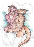  abs acroth anthro bed biceps blanket brown_hair brown_skin couple cuddling ddraglais dragon duo eyes_closed fydbac gay gripping hair holding horn kissing love lying male muscles nude on_back on_side pecs pillow pose red_skin romantic scales scalie sketch toned whiskers 