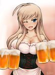  ;d ahoge alcohol artist_name beer beer_mug blonde_hair blue_eyes breasts cleavage cup dirndl german_clothes hanna-justina_marseille highres holding holding_cup large_breasts long_hair looking_at_viewer oktoberfest one_eye_closed open_mouth signature smile solo solokov_(okb-999) strike_witches tsurime underbust world_witches_series 