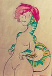  blush breasts dinosaur fangs feathers female flat_chested hair hi_res markings non-mammal_breasts non_mammal_breasts nude pink_hair pussy reptile scalie small_breasts solo utahraptor wide_hips yari_shinai yellow_eyes 