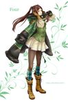  absurdres asymmetrical_gloves asymmetrical_legwear bad_id bad_pixiv_id boots brown_hair character_name copyright_name cross-laced_footwear drag-on_dragoon drag-on_dragoon_3 facial_mark forehead_mark four_(drag-on_dragoon) fur_trim gauntlets gloves green_eyes highres jacket_on_shoulders long_hair pantyhose pleated_skirt skirt smile socks_over_pantyhose solo twintails yumeoti 