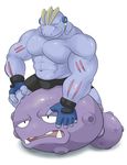  abs biceps big_muscles body_markings bulge clothing exercise_ball eyes_closed fangs fingerless_gloves gloves grin gripping headphones holding humanoid machoke maldu male markings muscles nintendo pecs plain_background pok&#233;mon pok&eacute;mon pose scales shorts smile teeth toned topless video_games weezing 