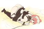  all_fours ball_gag bdsm bed_sheet brown_hair chain collar flat_color gag garter_straps konnota looking_at_viewer maid maid_headdress panties pink_hair restrained short_hair skirt skirt_lift solo thighhighs top-down_bottom-up underwear 