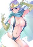  blue_hair breasts cape circlet cleavage dragon_quest dragon_quest_iii elbow_gloves gloves kneeling large_breasts long_hair looking_at_viewer pink_eyes sage_(dq3) simple_background slingshot_swimsuit smile solo staff swimsuit twinpoo 
