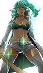  absurdres bad_id bad_pixiv_id blue_eyes breasts cleavage ebippoid from_below genderswap genderswap_(mtf) green_hair highres kill_la_kill large_breasts looking_at_viewer midriff ponytail sanageyama_uzu shinai smirk spikes sword thighhighs torn_clothes torn_legwear weapon 