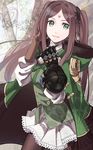  :d asymmetrical_gloves bad_id bad_pixiv_id brown_hair drag-on_dragoon drag-on_dragoon_3 facial_mark forehead_mark four_(drag-on_dragoon) fur_trim gauntlets gloves green_eyes hand_in_hair highres jacket_on_shoulders long_hair open_mouth pantyhose siromiso23 skirt smile solo twintails 