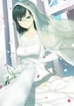  1boy 1girl admiral_(kantai_collection) black_hair breasts bridal_veil bride bucket dress elbow_gloves flower glasses gloves green-framed_eyewear kantai_collection kirishima_(kantai_collection) large_breasts petals short_hair sleeveless smile solo_focus veil wedding_dress white_gloves 