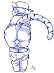  aogami backsack balls butt clothing cub feline looking_back male mammal monochrome mooning pants pants_down plain_background presenting presenting_hindquarters shirt solo standing tiger white_background young 