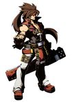  belt brown_hair fingerless_gloves gloves guilty_gear guilty_gear_xrd headband long_hair male_focus muscle piko_(osso) ponytail red_eyes smile sol_badguy solo sword weapon 