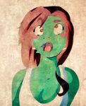 brown_hair chameleon clothing female hair hi_res open_mouth raised_brow reptile scalie shirt silly_face solo tank_top yari_shinai yello_eyes 