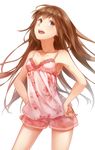  bad_id bad_pixiv_id bangs breasts brown_eyes brown_hair camisole cowboy_shot eyebrows_visible_through_hair hands_on_hips long_hair looking_at_viewer looking_up open_mouth original pink_camisole pink_legwear ringed_eyes shorts simple_background small_breasts smile solo standing white_background yasuno_(airy_light) 