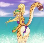 back_turned cheetah clothed clothing feline female hair hat long_hair mammal mihari one_eye_closed outside ponytail raised_tail scorpdk sea seductive smile solo swimsuit water wink 