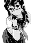  braid glasses greyscale hair_over_shoulder monochrome ooshiro_youkou original school_uniform serafuku solo twin_braids 