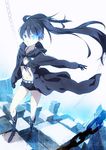  bikini_top black_hair black_rock_shooter black_rock_shooter_(character) blue_eyes boots chain flat_chest gloves hood hoodie houru long_hair midriff shorts solo twintails uneven_twintails 
